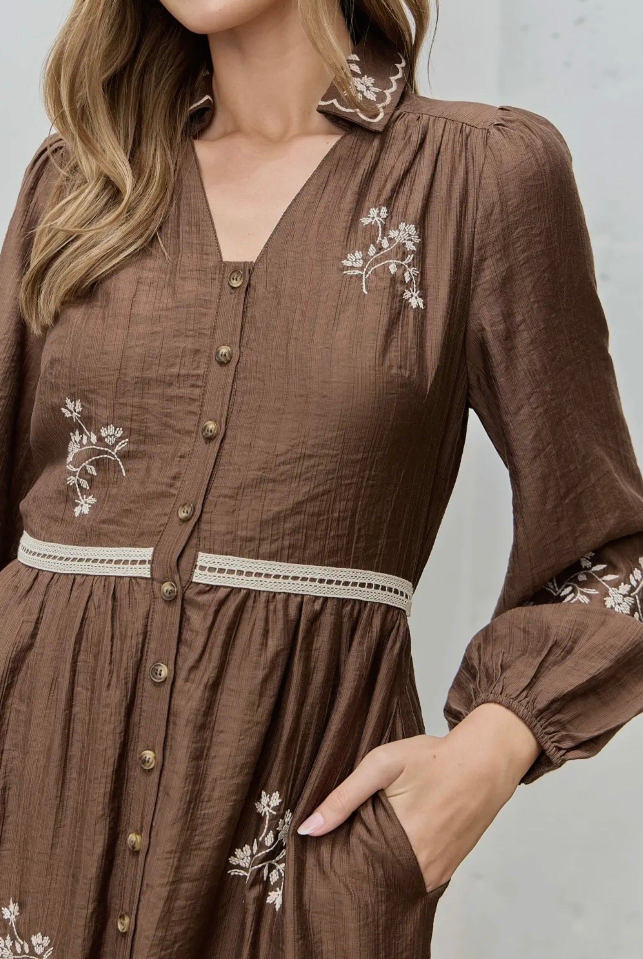 Ruth Floral Embroidered Button Front Dress