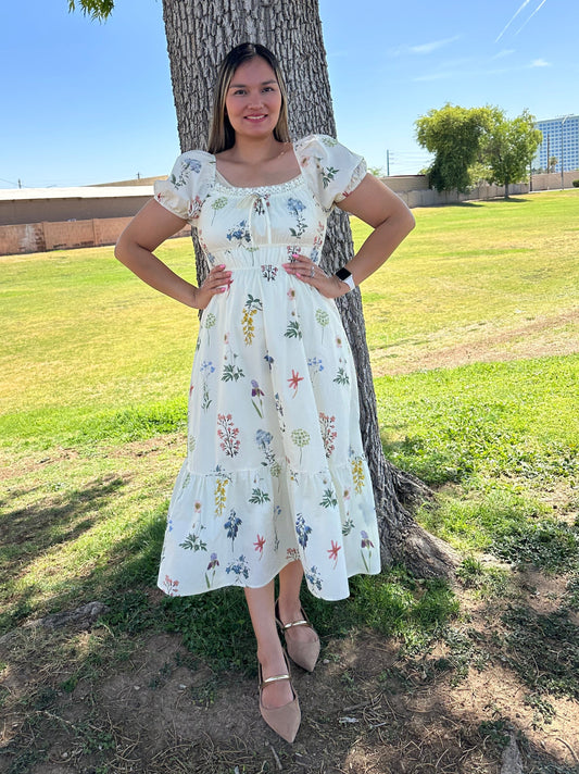 Nadia Floral Cotton Print Puff Sleeves Midi Dress