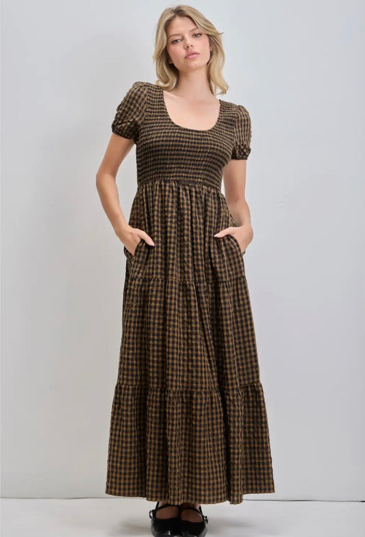Sophia Plaid Print Smocked Bodice Tiered Midi Dress