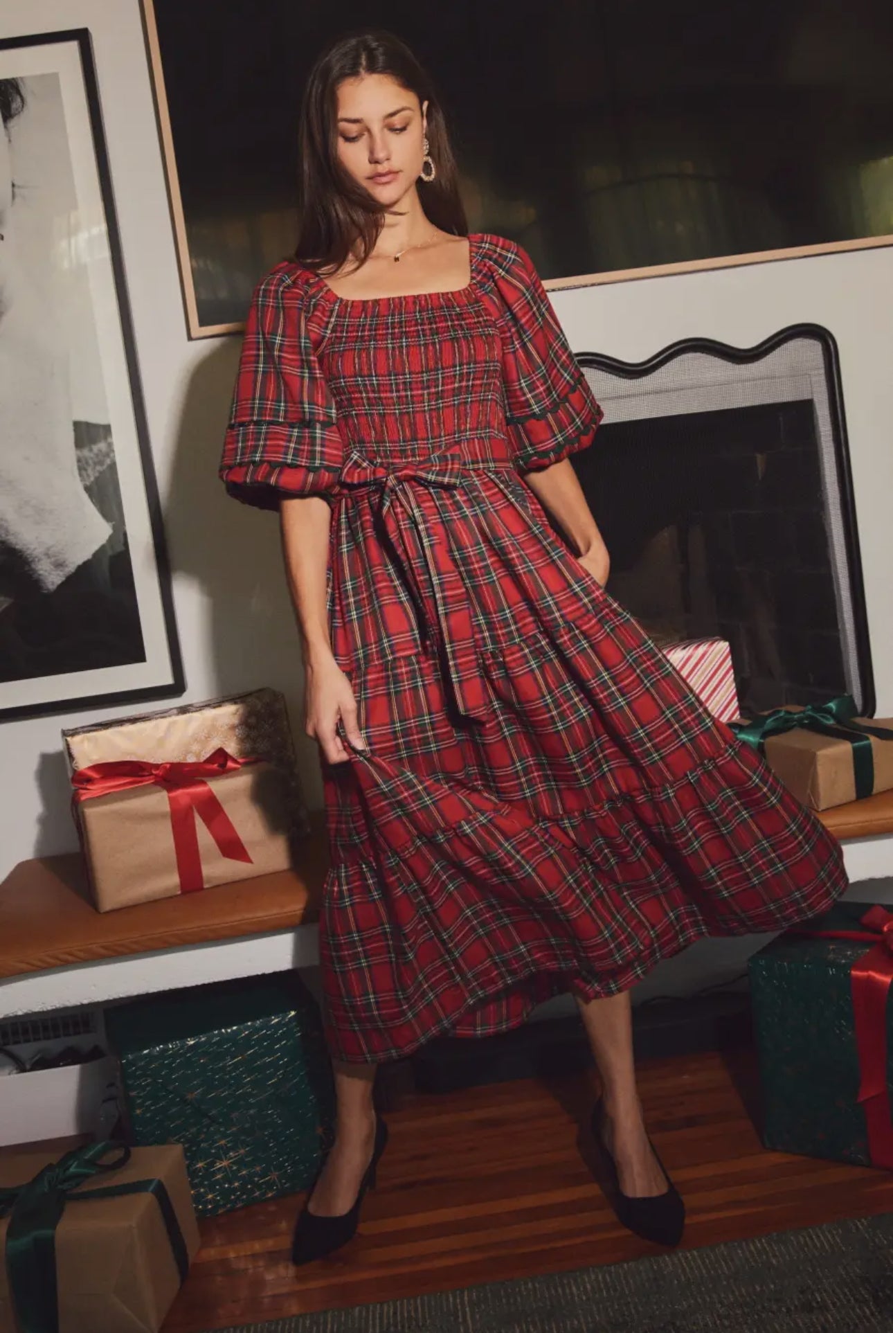 Leah Smocked Plaid Midi Dress