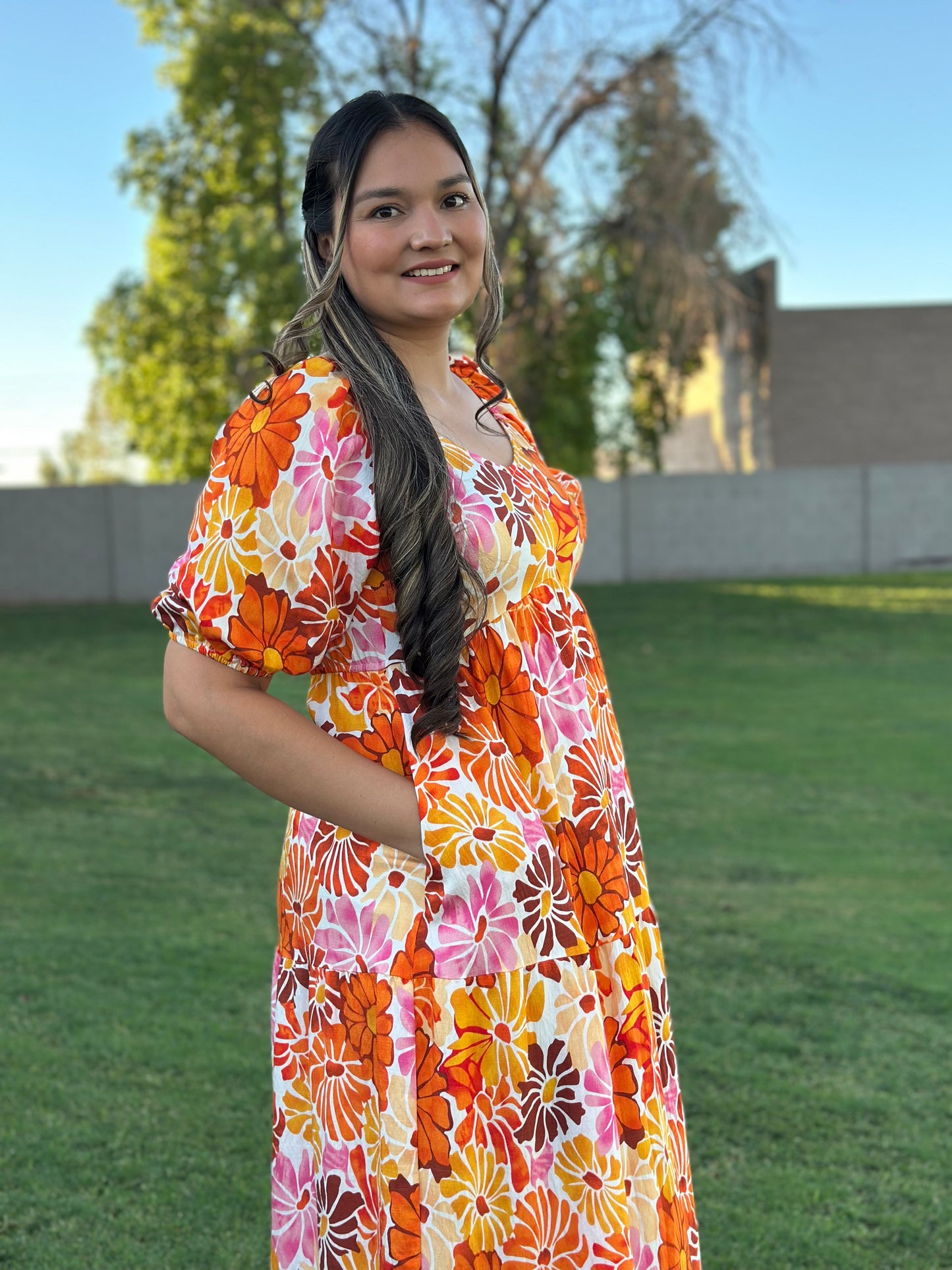 PRINTED FLORAL ROUND NECK DRESS