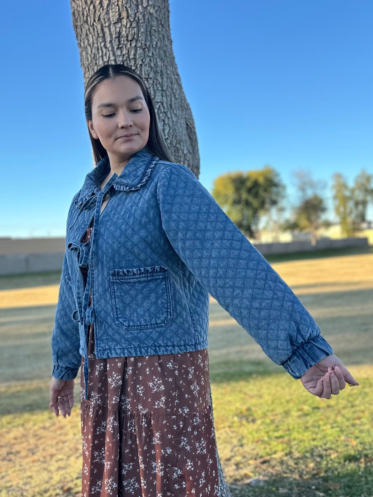 Washed Denim Quilted Front Tie Jacket