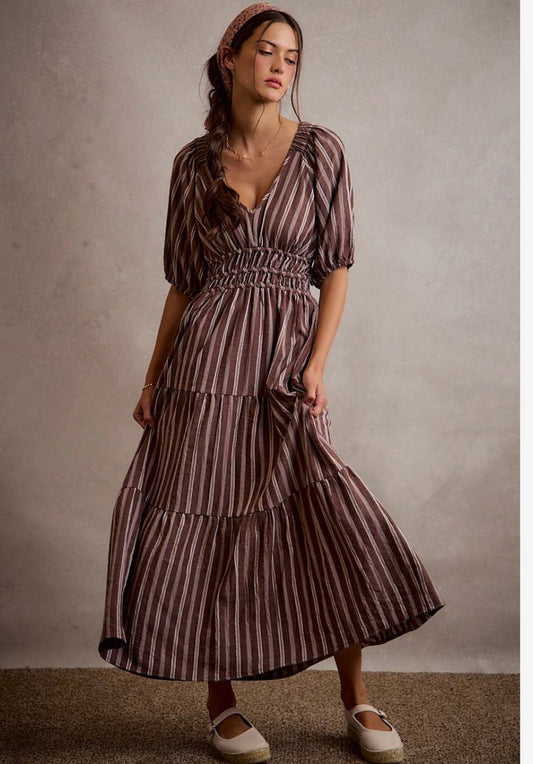 Juliana Stripe Smocked V Neck Half Sleeve Tiered
Midi Dress