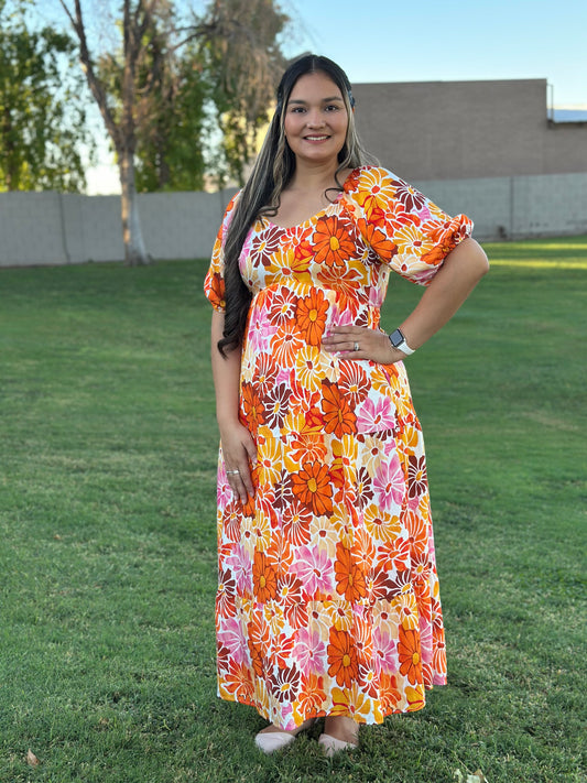 PRINTED FLORAL ROUND NECK DRESS