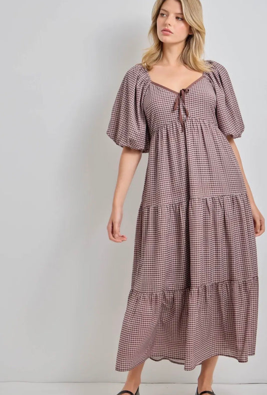 Amelia Gingham Tie-Front Puff Sleeve Tiered Maxi Dress