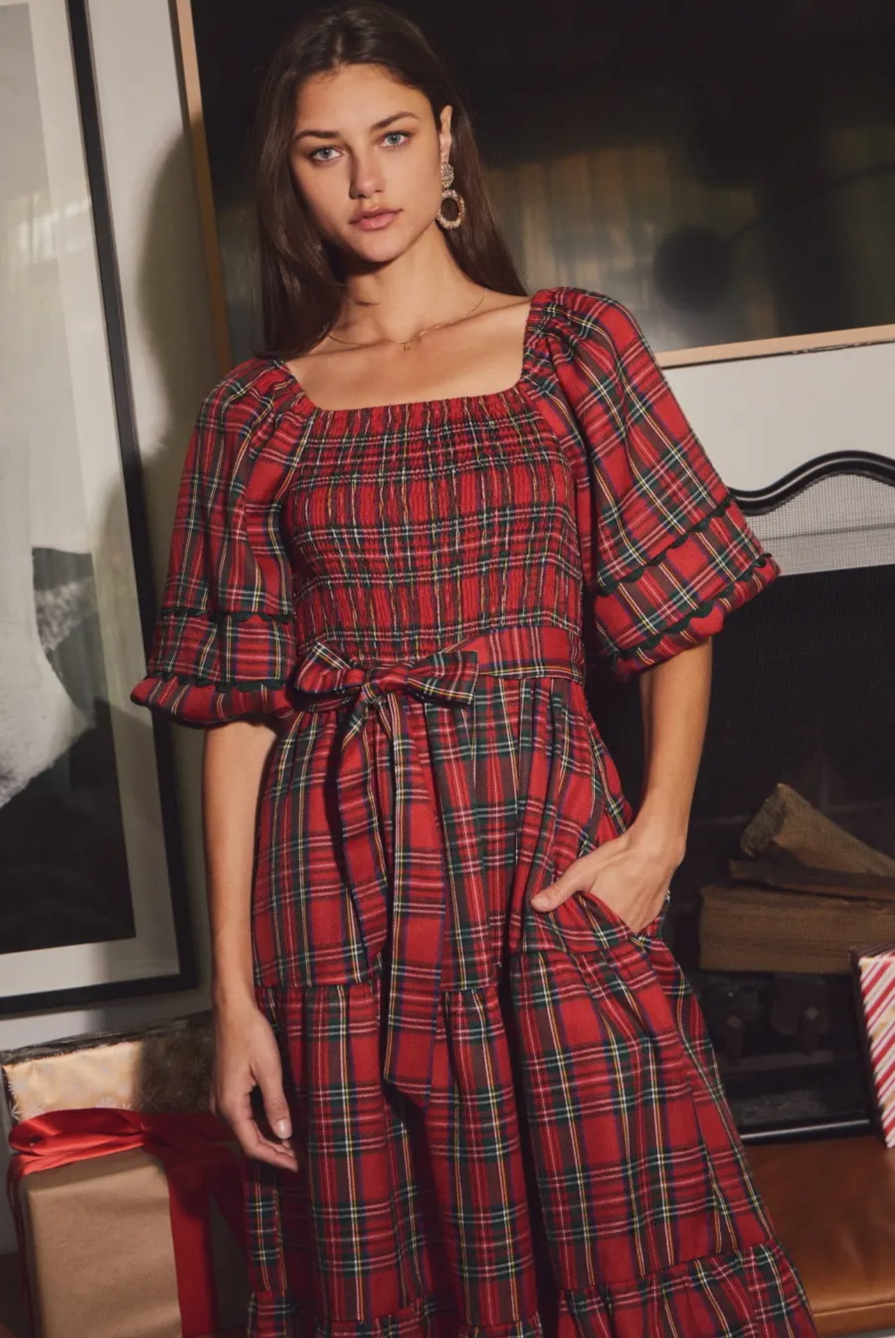Leah Smocked Plaid Midi Dress