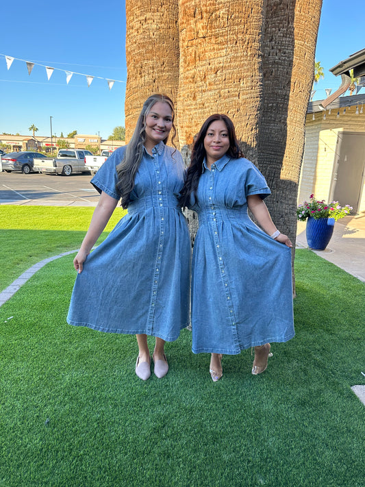 Karina’s Stretchy Button-Down Denim
Pleated Midi Dress
