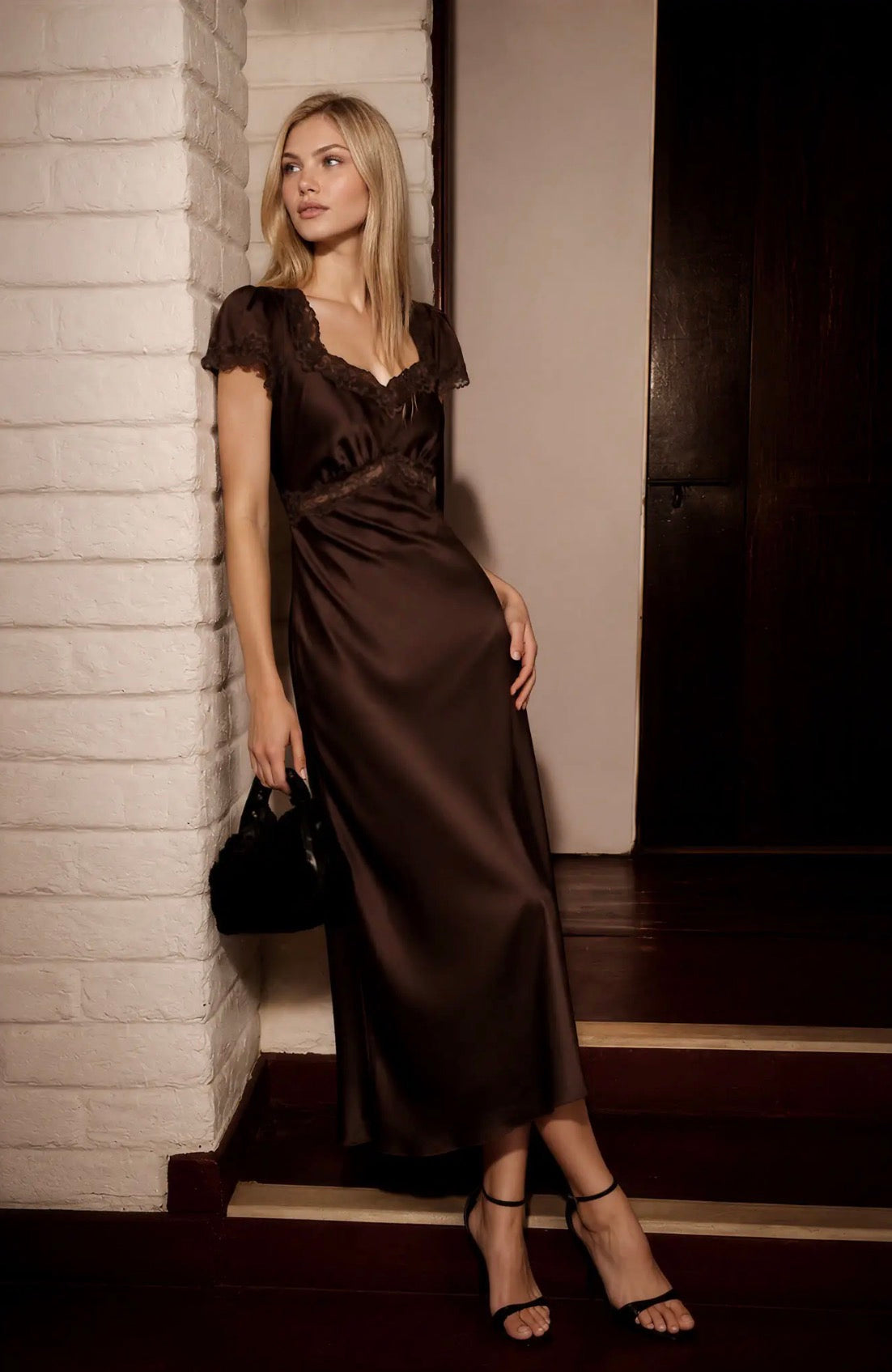 Laura Satin Lace Trim Puff Sleeve Midi Dress