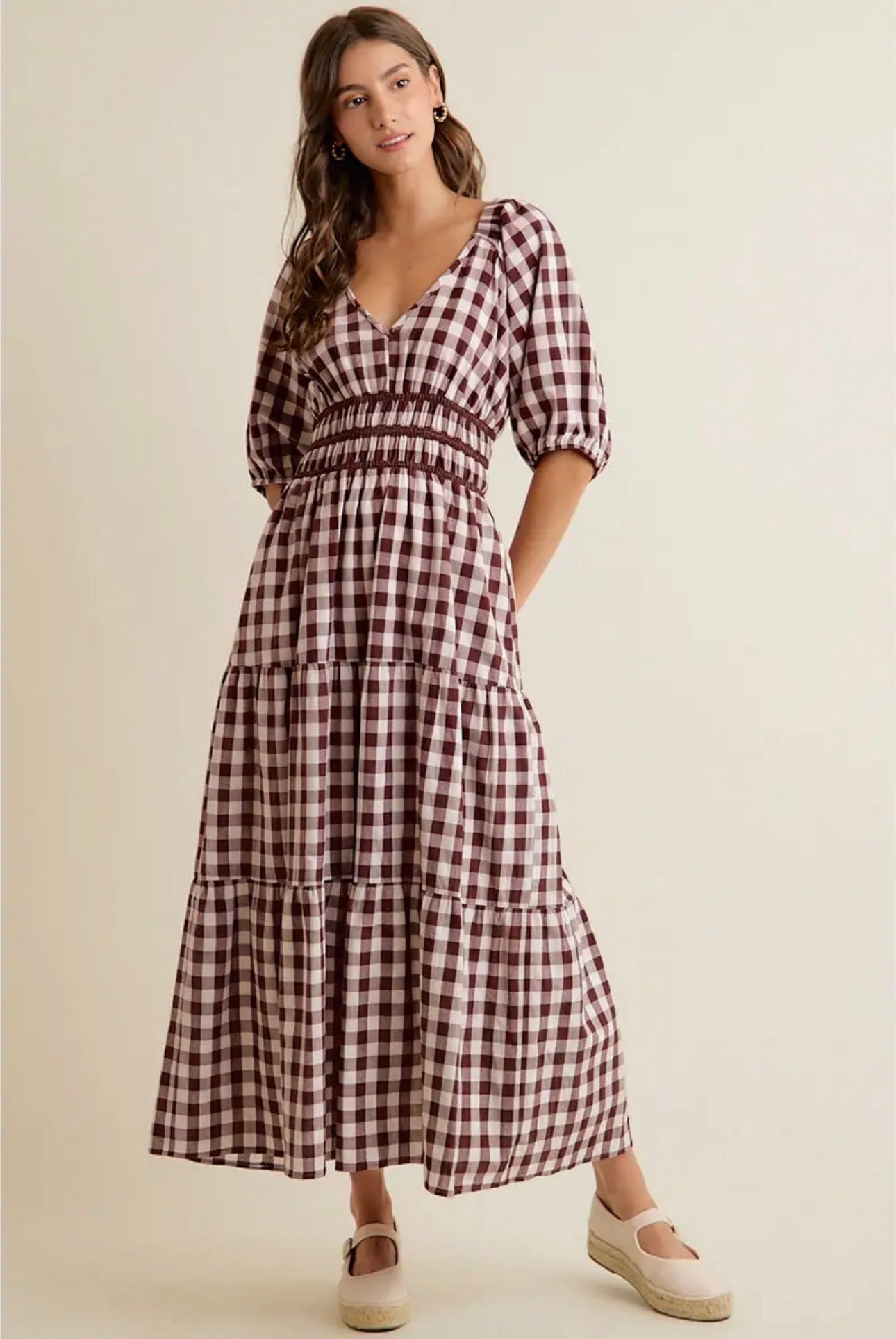 Helen Gingham Smocked Waist Lined Midi Tiered Dress