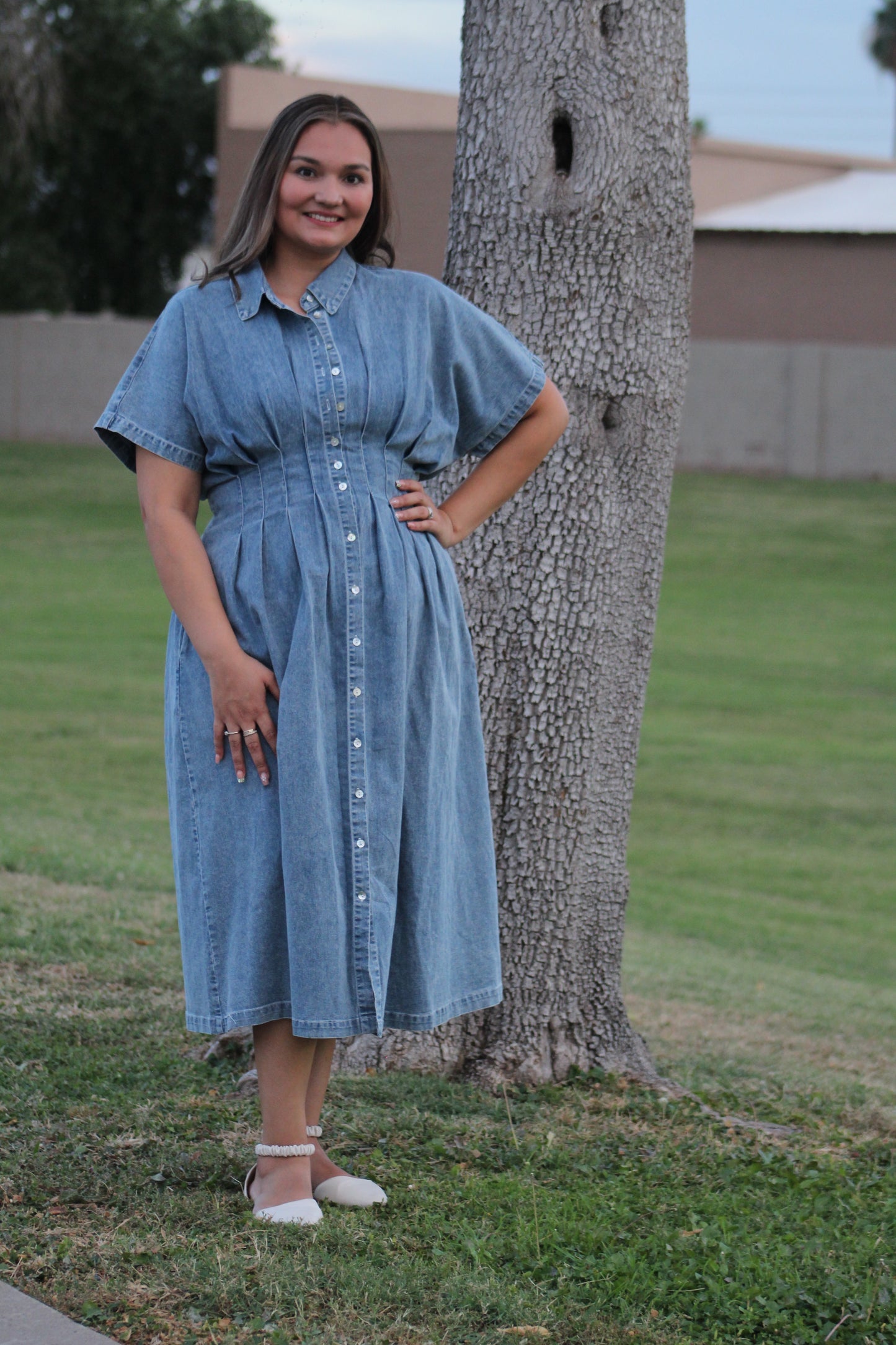 Stretchy Button-Down Denim
Pleated Midi Dress