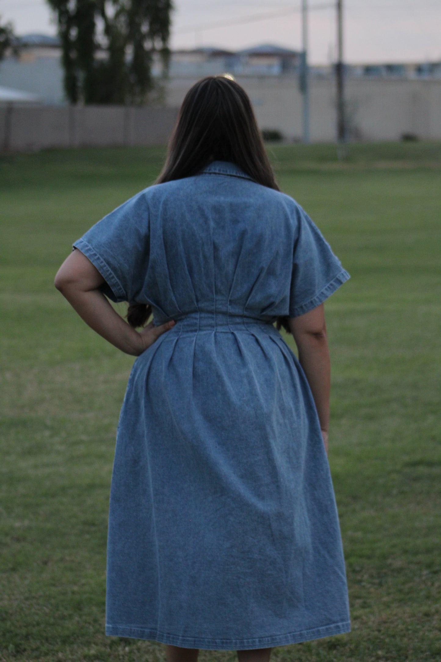 Stretchy Button-Down Denim
Pleated Midi Dress