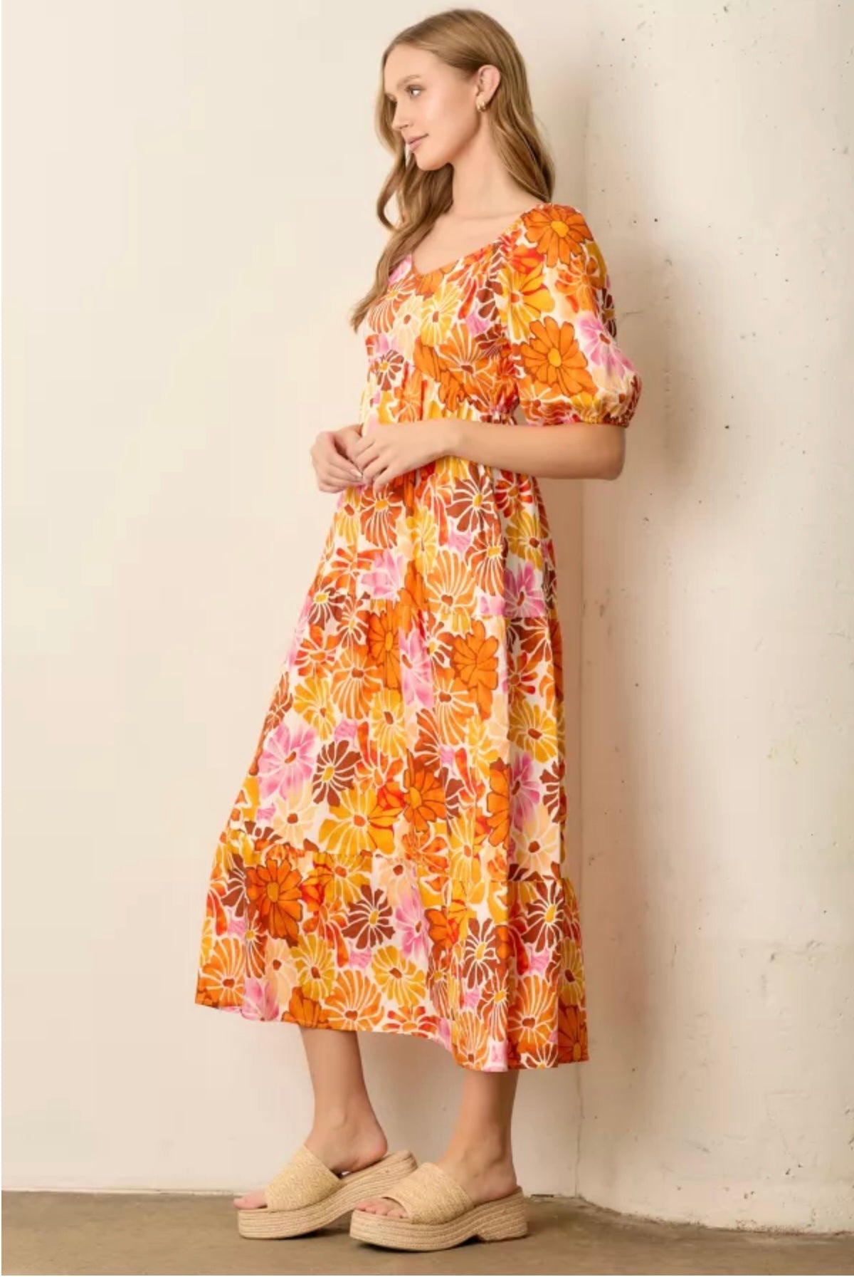 PRINTED FLORAL ROUND NECK DRESS