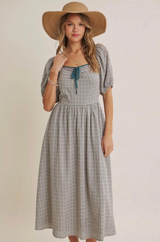 Mary Soft Prairie Square Neck Gingham Smocked Midi Dress