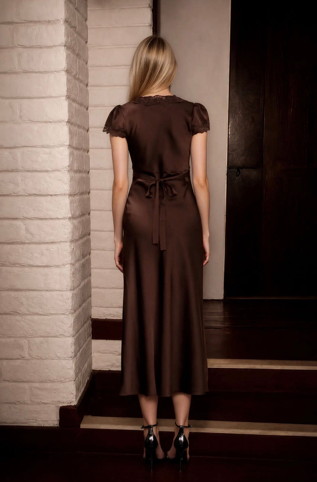 Laura Satin Lace Trim Puff Sleeve Midi Dress