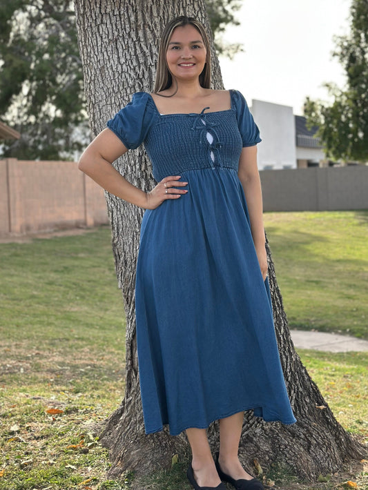 Martha Front Tie Puff Sleeve Denim
Midi Dress