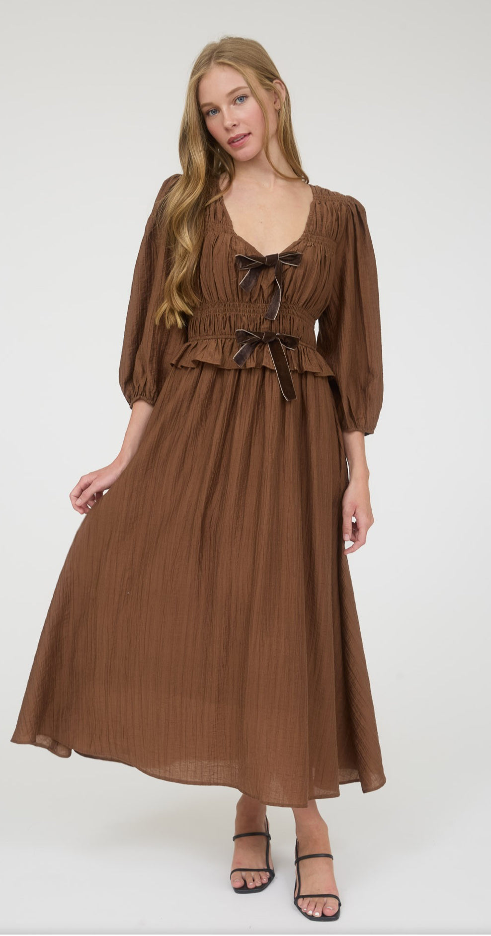 Velvet Bow Tie Long Sleeve Midi Dress
