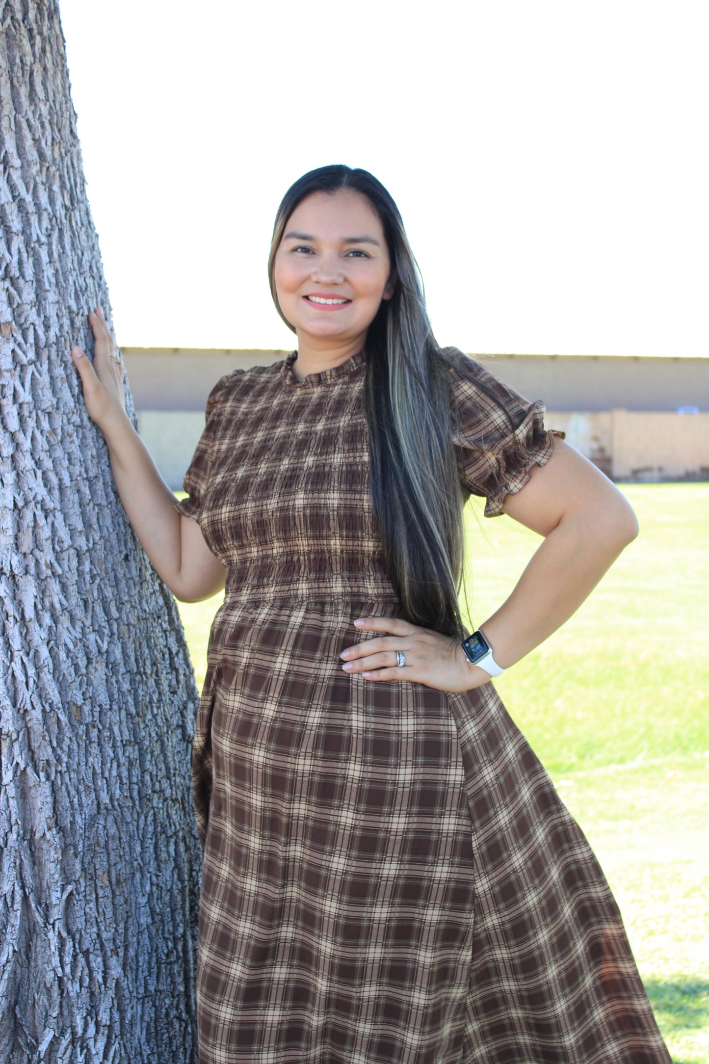 Plaid Round Neck Puff Sleeve Smocked Midi Dress