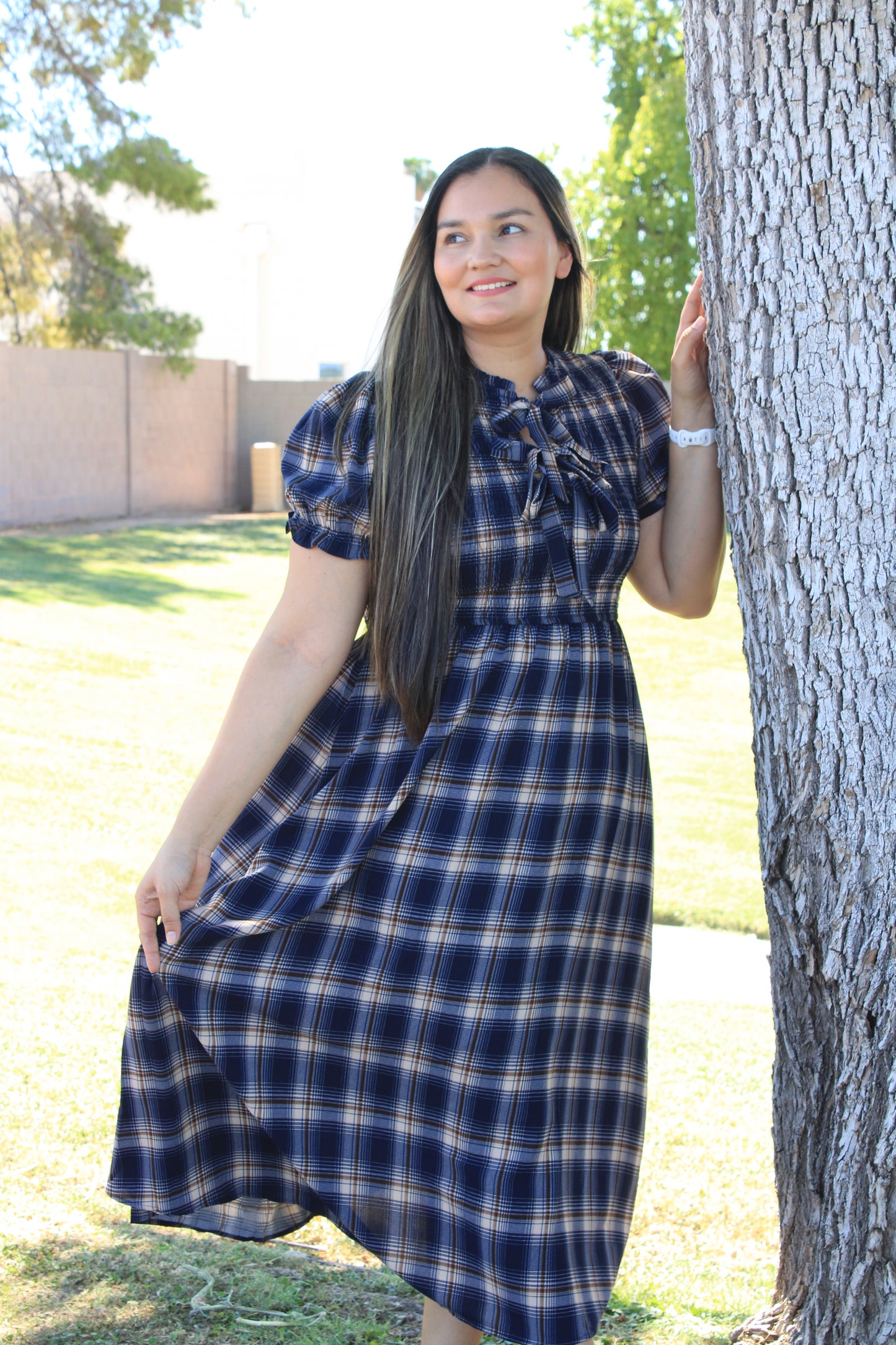 Plaid Front Tie Smocked Short Sleeve Midi Dress