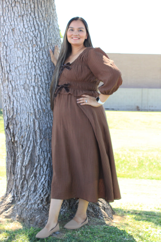 Velvet Bow Tie Long Sleeve Midi Dress