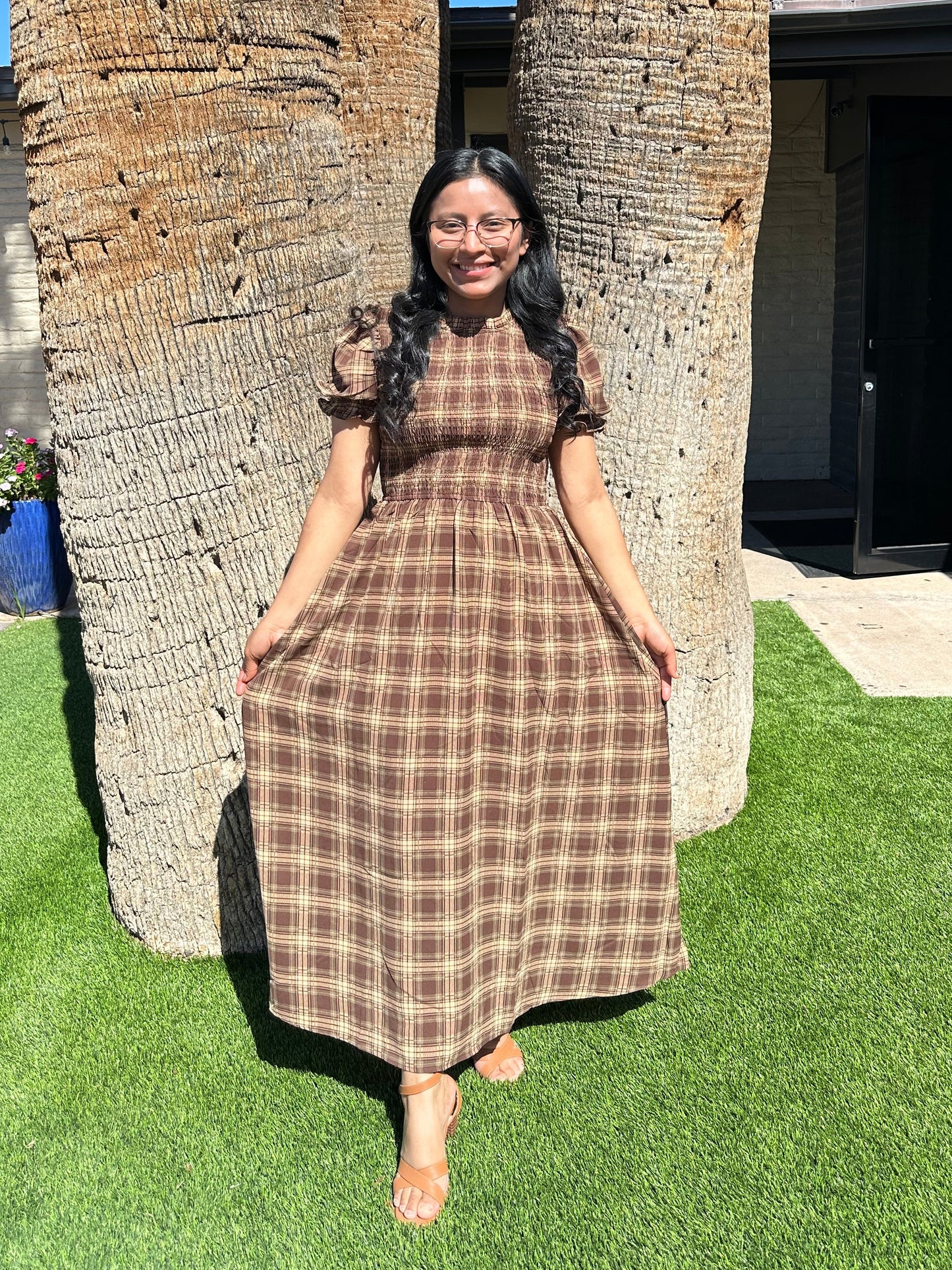 Plaid Round Neck Puff Sleeve Smocked Midi Dress
