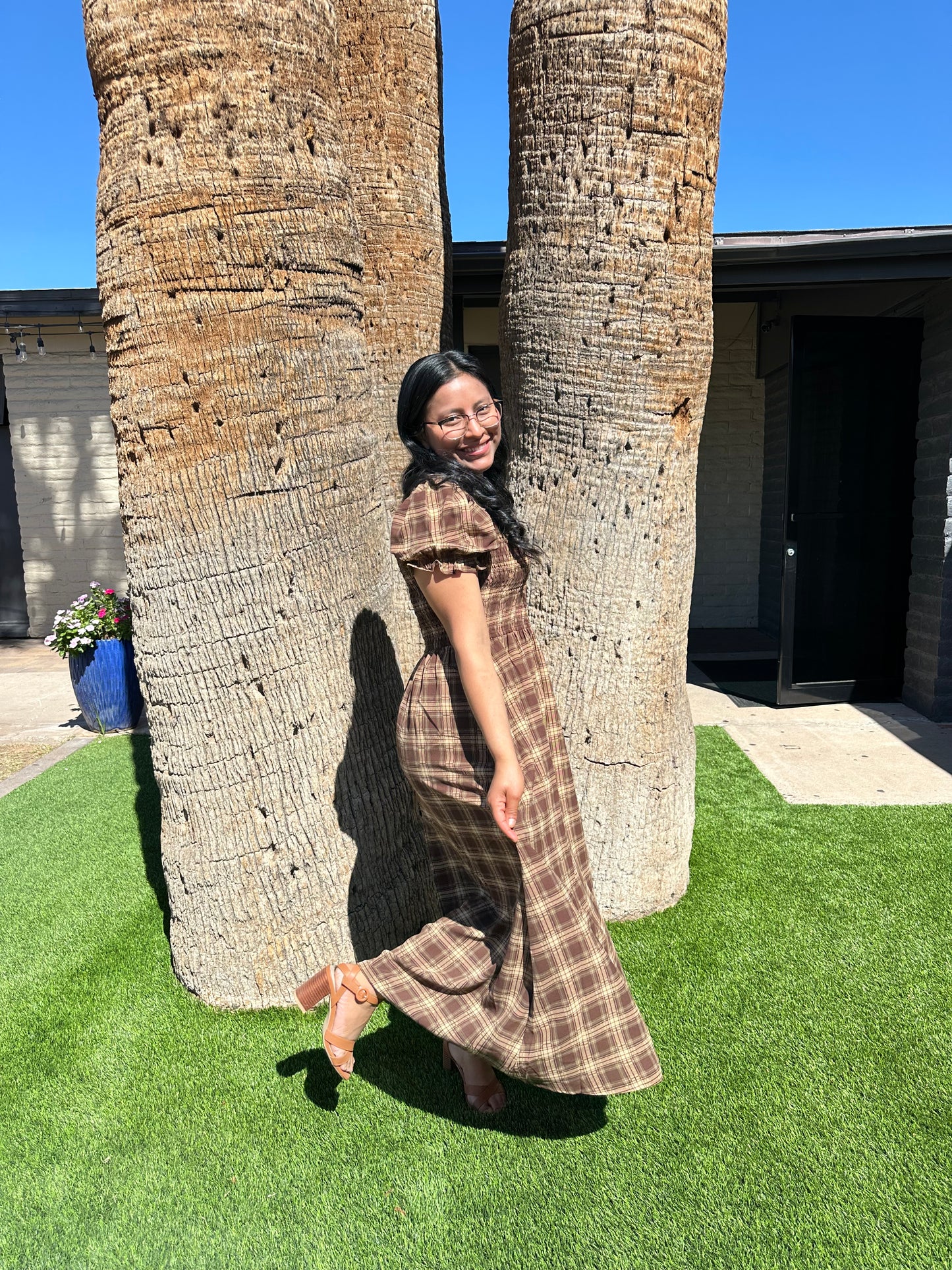 Plaid Round Neck Puff Sleeve Smocked Midi Dress